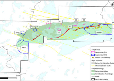 September 11, 2025 - Map of Laird Lake project, showing geophysical (pink) and geochemical (blue) anomalies.