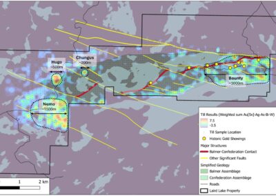 September 04, 2025 - 2025 Till results displaying a weighted sum of Au[x5]-Ag-As-Bi-W calculated using a log transform. Structures include the Balmer - Confederation assemblage which is a primary control on gold distribution in the Red Lake district, along with a series of cross-cutting Laird Lake fault sets which are interpreted to a local control on mineralization.